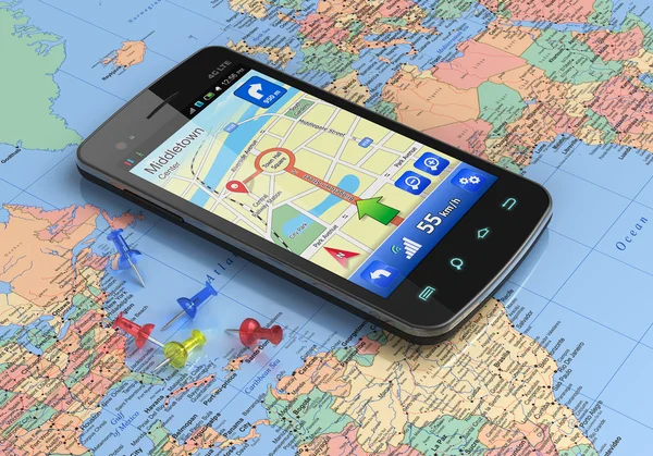 Smartphone με πλοήγηση gps σε παγκόσμιο χάρτη — Φωτογραφία Αρχείου