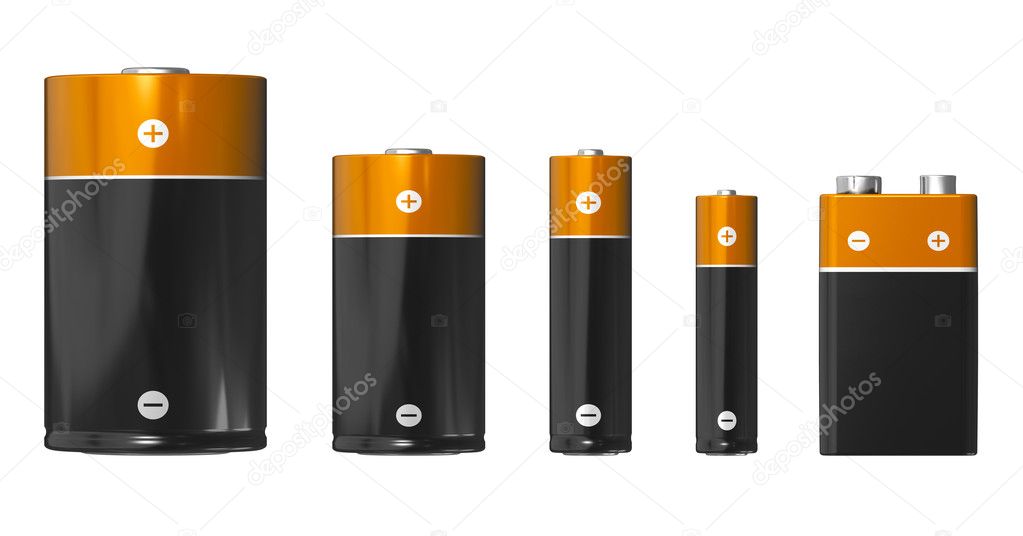 Different sizes of batteries: D, C, AA, AAA and PP3 (9V)