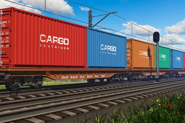 Tren de mercancías con contenedores de carga —  Fotos de Stock
