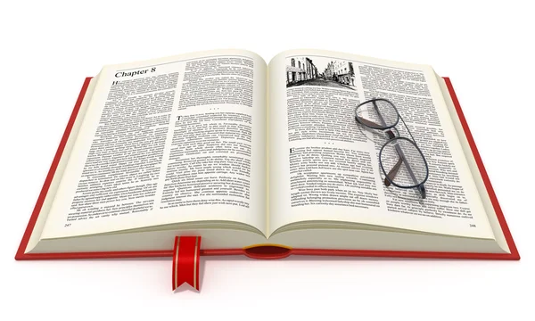 Відкрита книга з окулярами — стокове фото