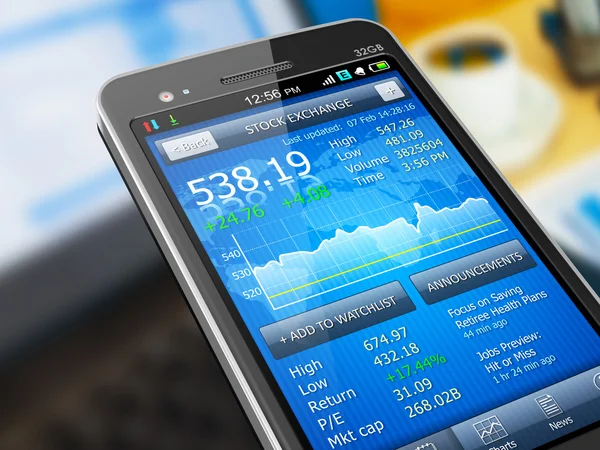 Akciový trh aplikace na smartphone — Stock fotografie