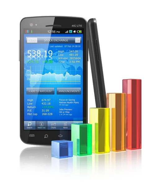 Smartphone s akciového trhu aplikace a pruhový graf — Stock fotografie