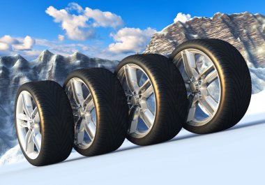 Set of car wheels in snowy mountains clipart