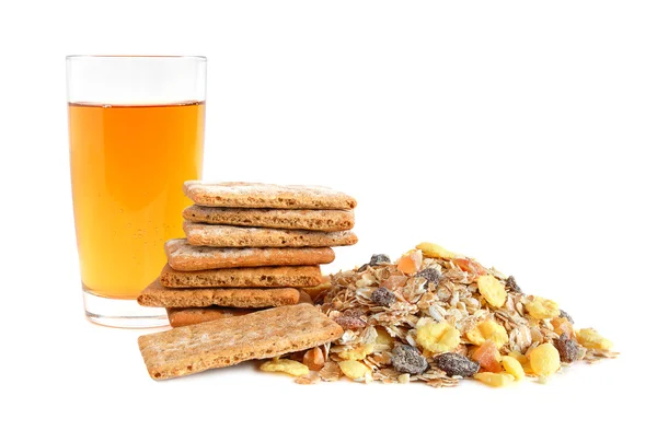 Apfelsaft, Cracker und Müsli — Stockfoto