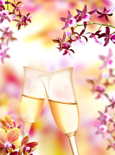 Orkidé och champagne flöjter — Stockfoto