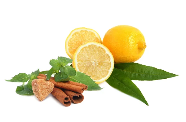 Lemon with sugar, cinnamon and mint — Stock Photo, Image