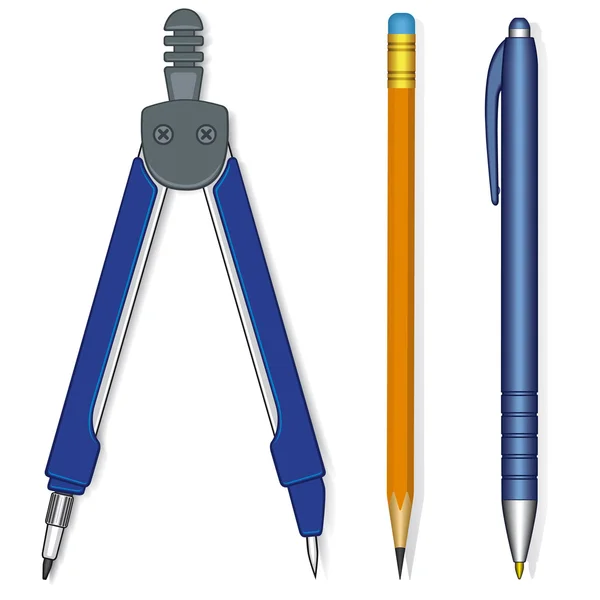 Ручка, олівець та компаси — стоковий вектор
