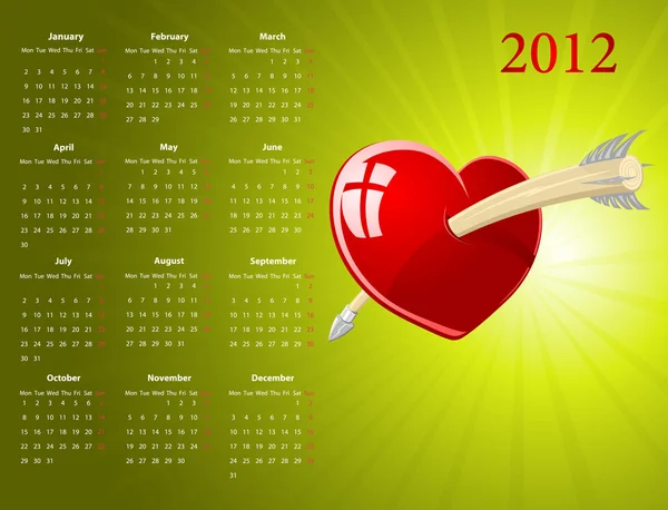 Vetor calendário europeu para o Dia dos Namorados — Vetor de Stock