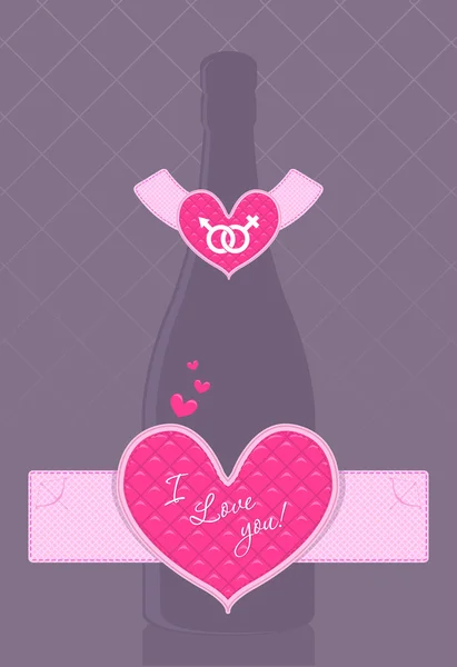 Bouteille de champagne vectorielle avec étiquette en forme de coeur — Image vectorielle