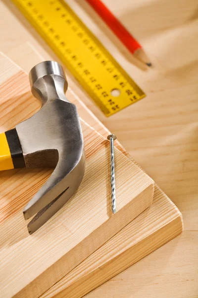 Hammer nail and ruler with pencil — Stock Photo, Image