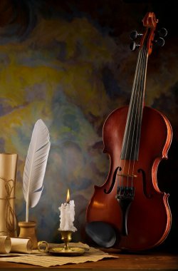 Composition of violin and antique items clipart