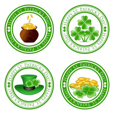 Vector illustration of a set of green stamps with four leaf clo clipart