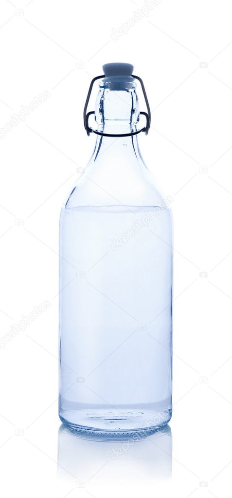 Glass water bottle on white