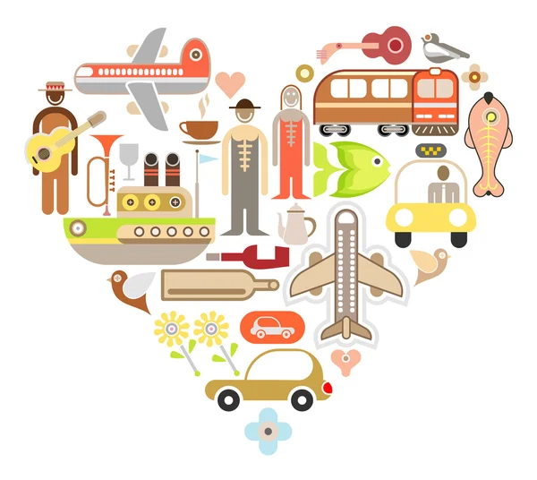 Travel Icons in Heart Shape — 스톡 벡터