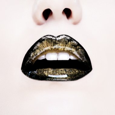 Glamour black gloss lips with sensuality gesture. clipart