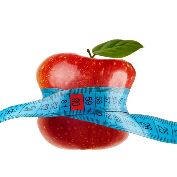 Kırmızı elma ile üzerine beyaz izole ölçüm — Stok fotoğraf