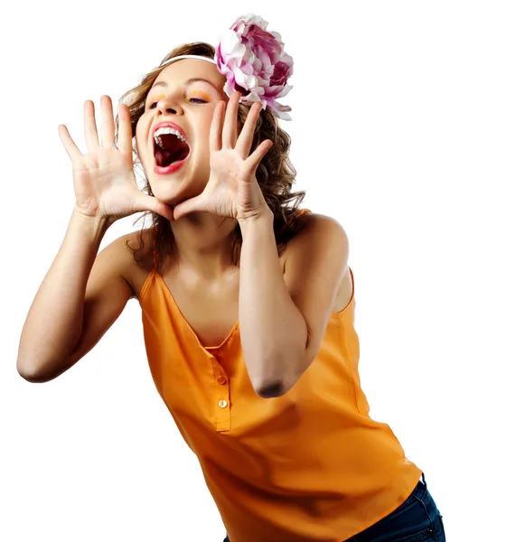 Young blonde woman shout and scream using her hands as tube — Stock Photo, Image