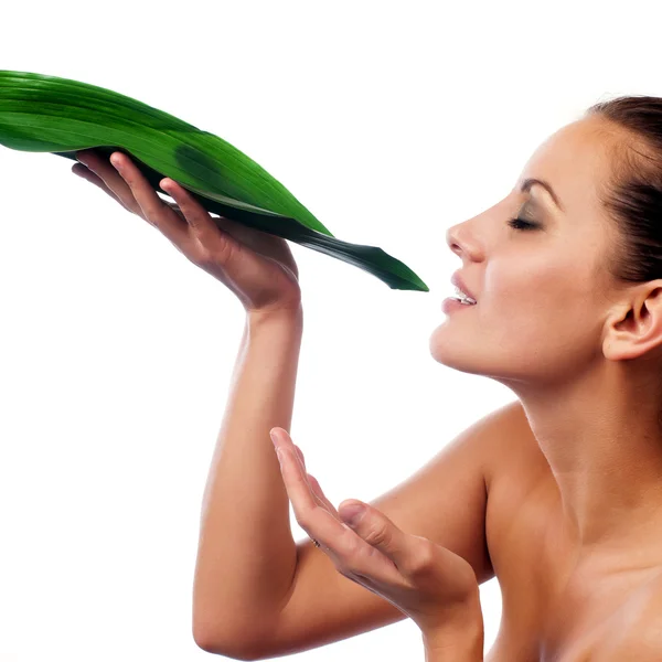 Pretty fresh clear face of young woman behind the plant - isolated — Stock Photo, Image