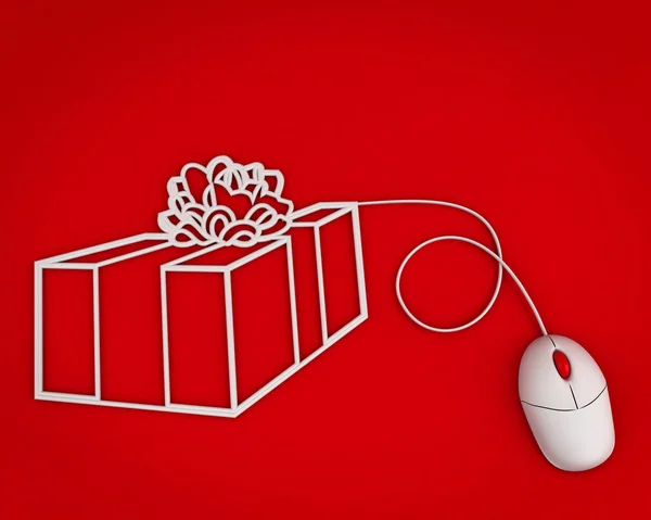 Kopen gift online concept over rode achtergrond — Stockfoto