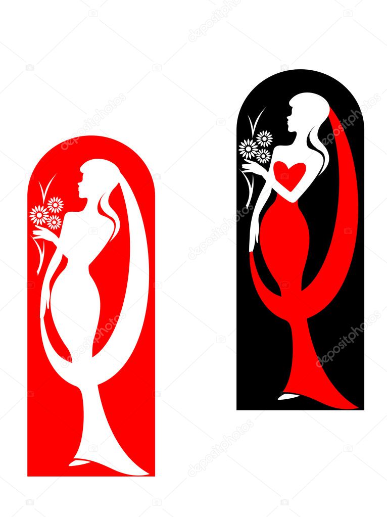 Beautiful bride with flowers in red for wedding design. Vector illustration