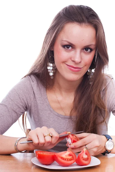 Girl with the tomato — Stock Photo, Image
