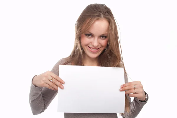 The image of girl with the empty list of paper — Stock Photo, Image