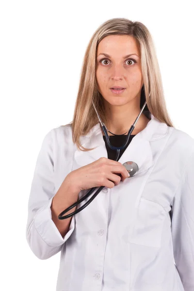 Lekarz bada własne piersi — Zdjęcie stockowe
