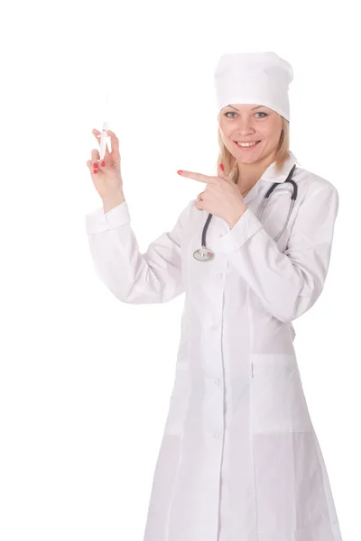 여성 의사가 주사기를 입으 면 — 스톡 사진