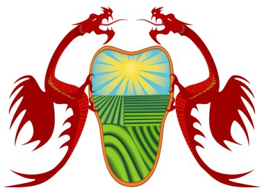 Heraldry, red dragons holding a shield. clipart