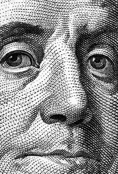 Ακραία close-up πορτρέτο franklin εκατό νομοσχέδιο. — Φωτογραφία Αρχείου