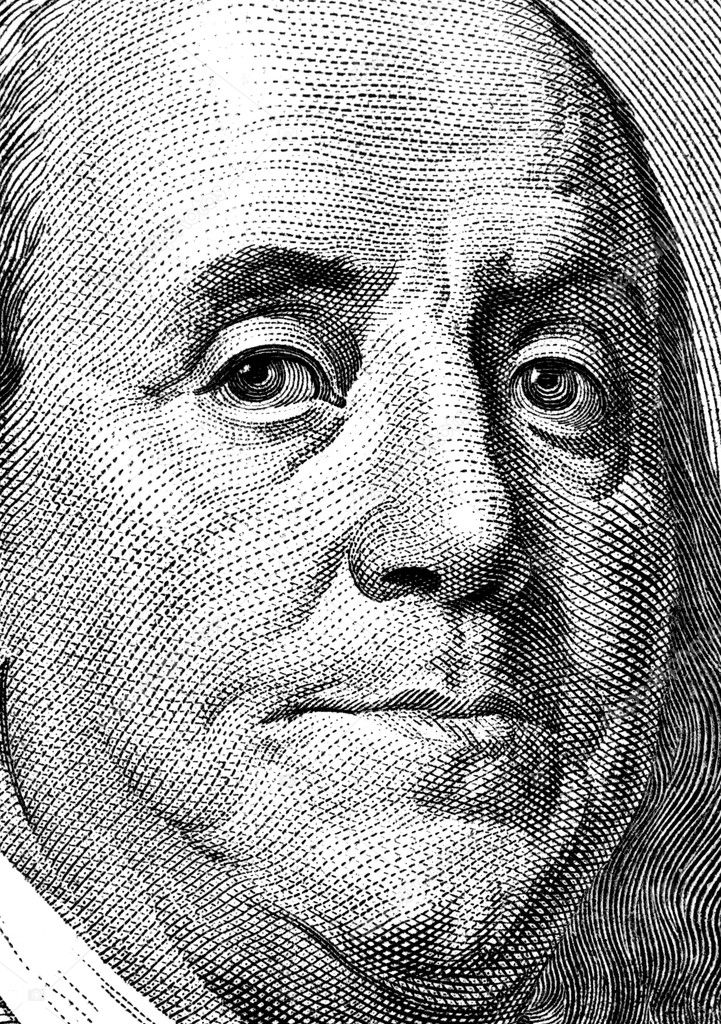 Extreme close-up of one hundred bill Franklin portrait.