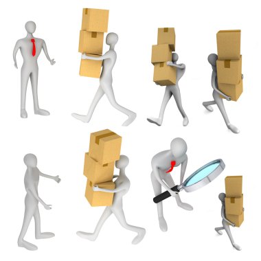 Set of images with 3d man delivering a a parcel to another 3d ma clipart