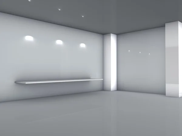 3D hylla och spotlights för utställning i grå inre — Stockfoto