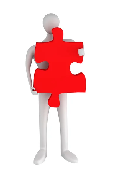 3D muž stál s puzzle na bílém pozadí — Stock fotografie