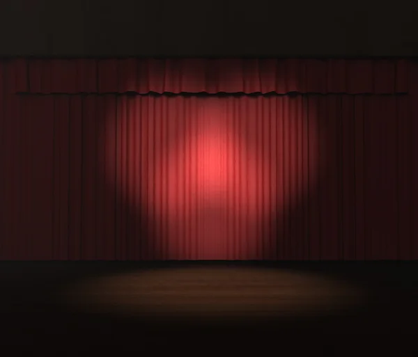 3d cortina de escenario rojo con focos en el escenario — Foto de Stock