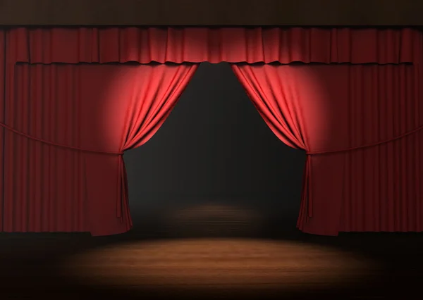 3d cortina de escenario rojo con proyector en el escenario — Foto de Stock