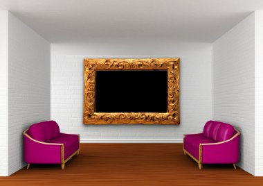 Gallery's hall with purple couches and ornate frame clipart