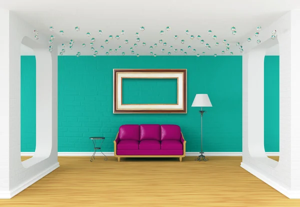 紫色沙发、 表和标准灯和现代画廊中的图片框架 — 图库照片