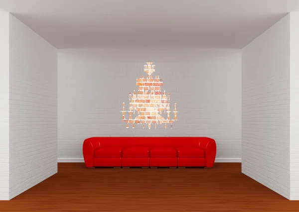 Gallery's hall with red sofa and silhouette of chandelier — Stock Photo, Image