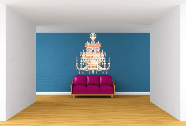 Galeriesaal mit lila Sofa und Kronleuchter-Silhouette — Stockfoto
