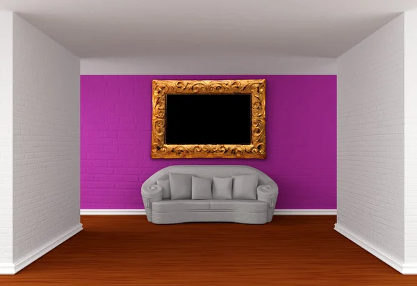 画廊的大厅与白色的沙发和华丽的画框 — 图库照片