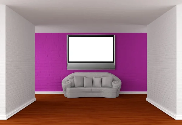Galerij hal met witte sofa en flat Tv — Stockfoto