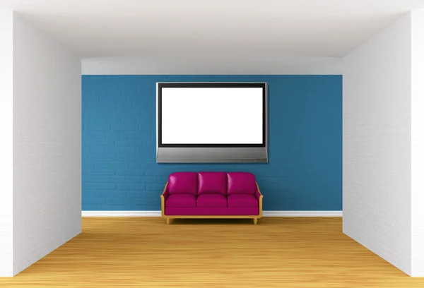 ギャラリーのホールに紫のソファ、薄型テレビ — ストック写真