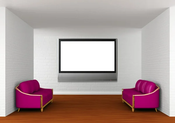 Salão da galeria vazia com sofás roxos e TV lcd — Fotografia de Stock