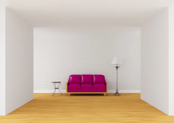 Sofá roxo, mesa e lâmpada padrão no salão da galeria — Fotografia de Stock