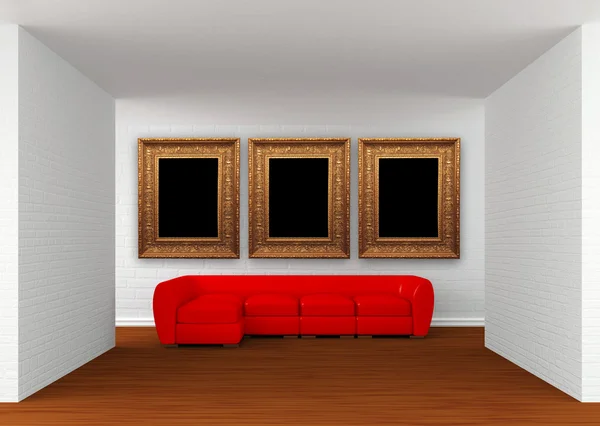 Зал галереи с красным диваном и декоративными рамками — стоковое фото