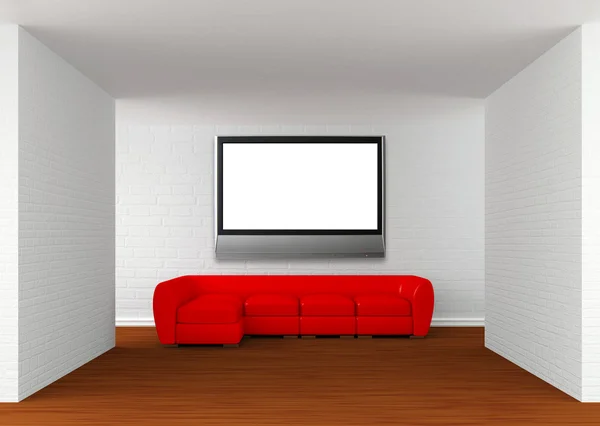 Hall da Galeria com sofá vermelho com TV plana — Fotografia de Stock