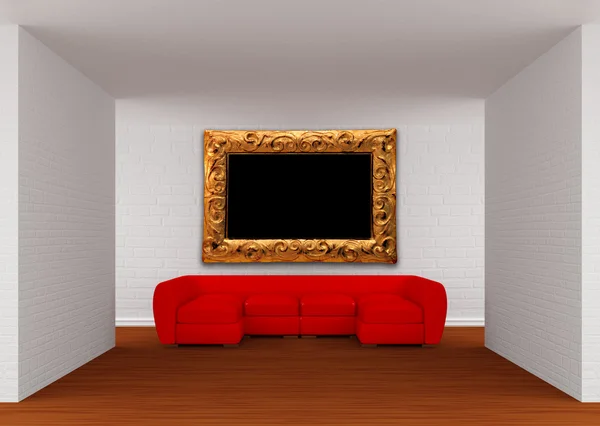 Зал галереи с красным диваном и декоративной рамкой — стоковое фото
