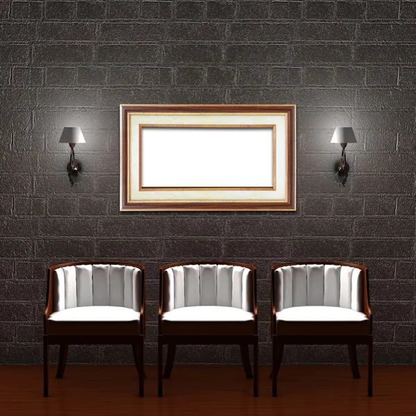 Three chair with empty frame and sconces in dark minimalist inte — Stock Photo, Image