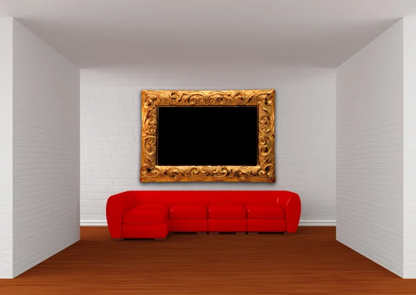 W galerii sali z czerwoną kanapę i ozdobny rama — Zdjęcie stockowe